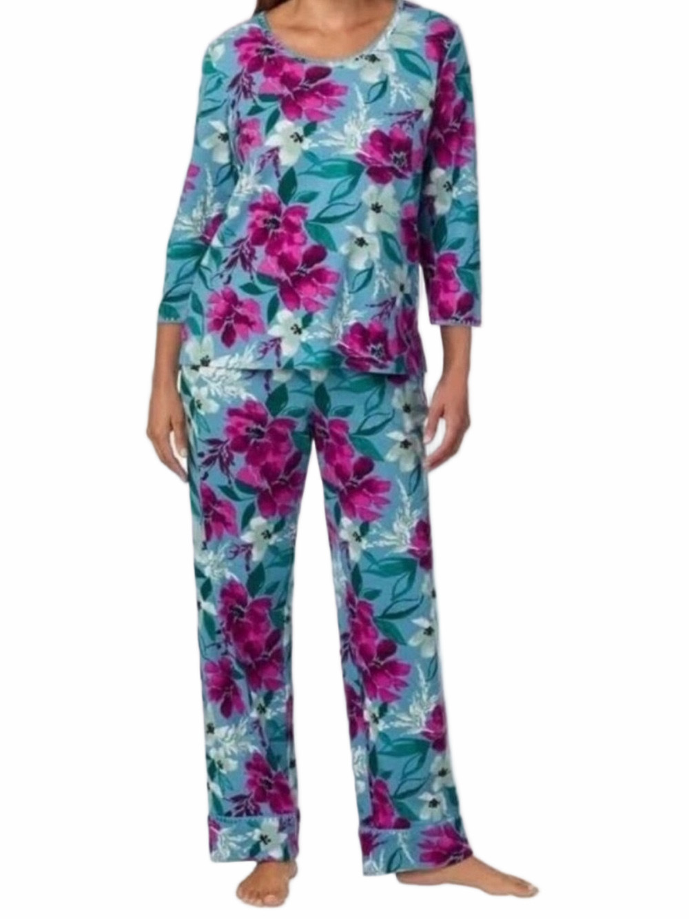 NWT Carole Hochman Women's Medium Blue Purple Floral 2-Piece Cotton Pajama Set